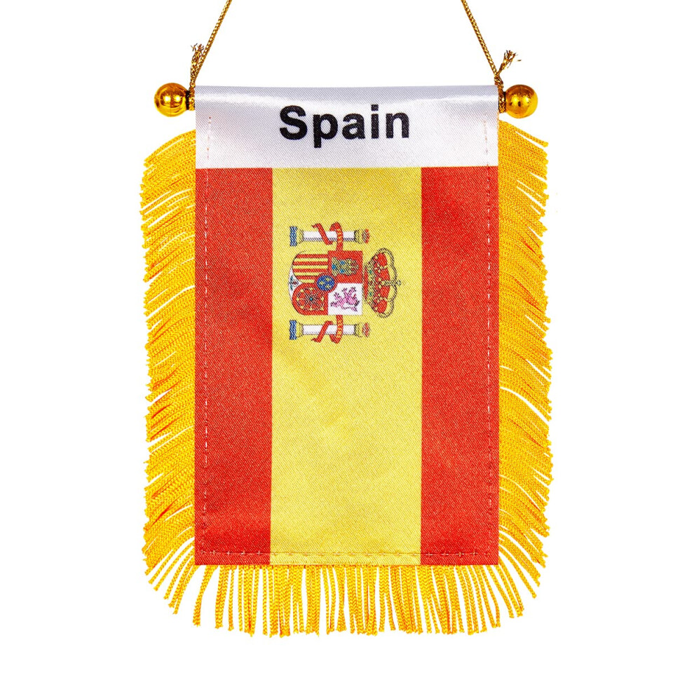 Wxtwk 3 X 5 Inch Spain Flag Spanish Window Hanging Flag Small Mini Car Flags Banners Rearview Mirror Decoration With Suction Cup Fringy Banner Golden 761325749417