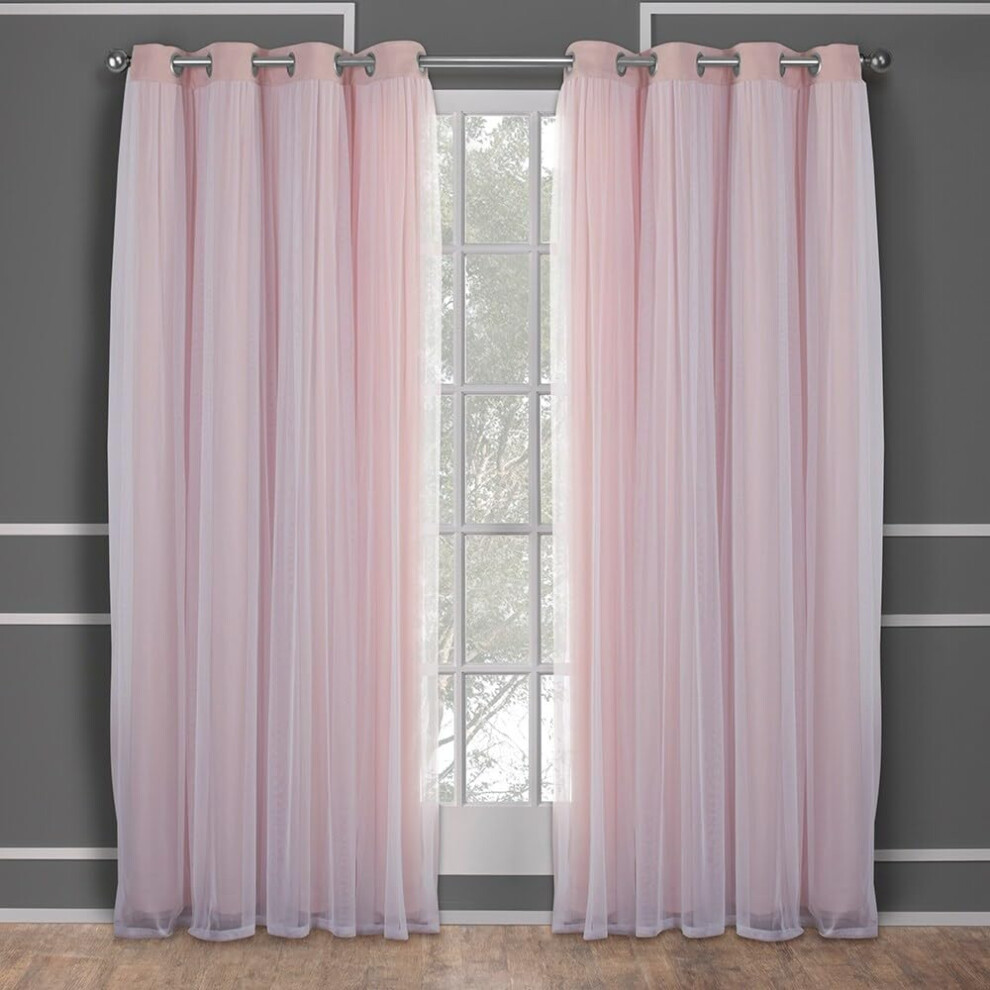 TOWN & COUNTRY LUXE Exclusive Home Catarina Layered Solid Room Darkening Blackout and Sheer Grommet Top Curtain Panel Pair  52x120  Rose Blush