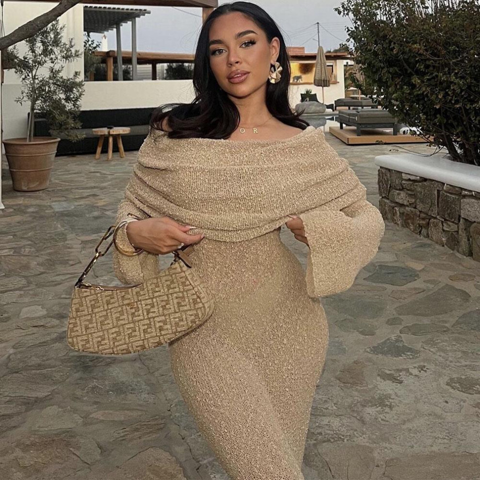 (apricot, S) Knit Hollow Out Cover Ups Maxi Dress Female Off-shoulder Loose Long Sleeve Dresses Holiday Casual Beach Party Dress For Women Slim Knitwear Dress