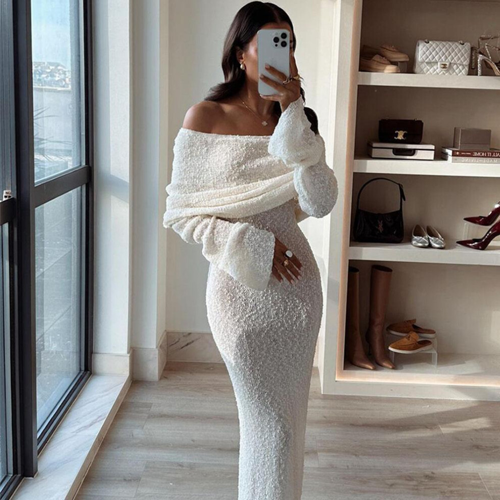 (white, M) Knit Hollow Out Cover Ups Maxi Dress Female Off-shoulder Loose Long Sleeve Dresses Holiday Casual Beach Party Dress For Women Slim Knitwear Dress