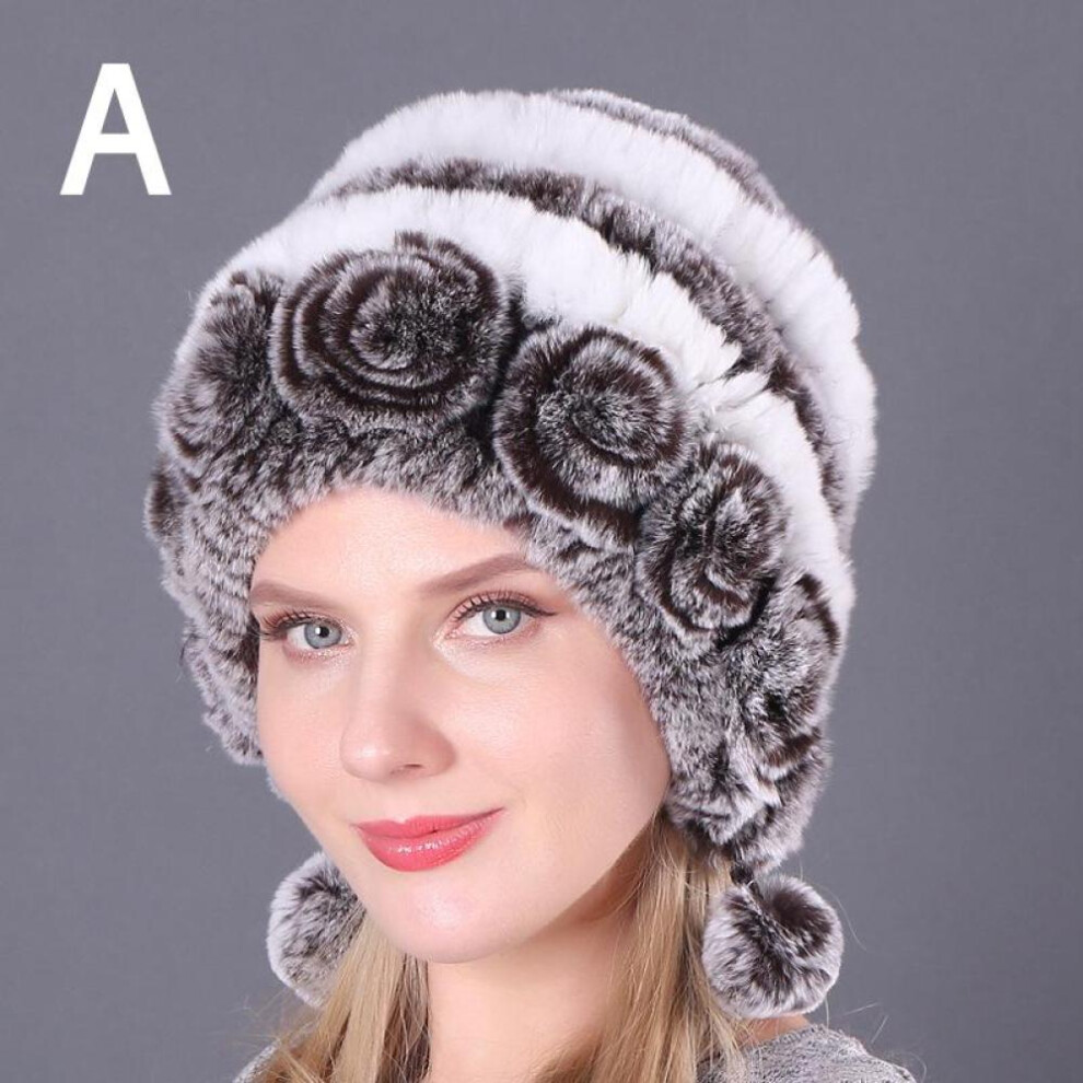 (A) 1pcs Fashion Rex Rabbit Fur Hat Fur Ball Beanies Earmuffs Hat Warm Caps Autumn And Winter Women&apos;s Comfortable