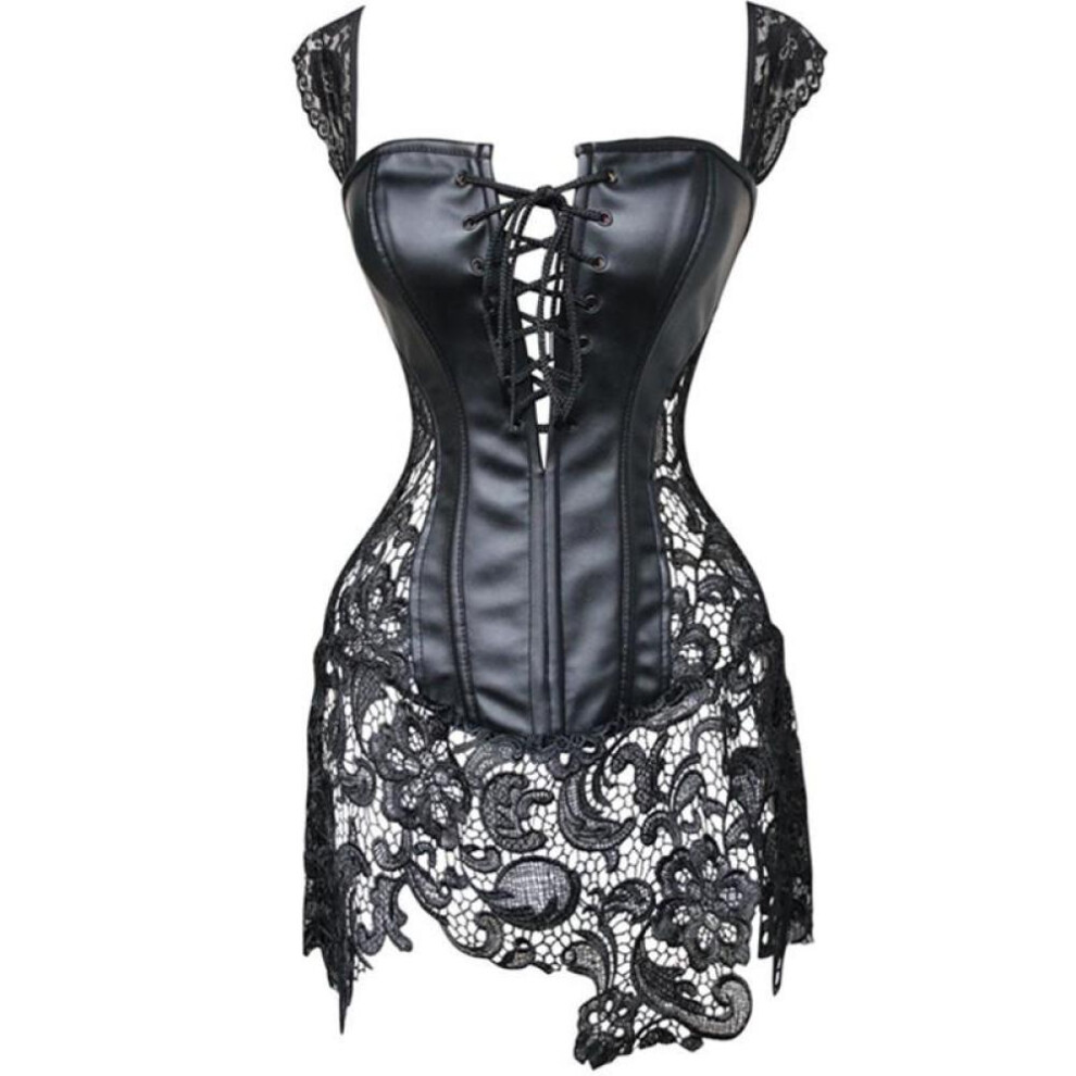 (black, 6XL) Fashion Women Corset With Thong Sexy Faux Leather Black Lace Waist Shaper Bustier Plus Size