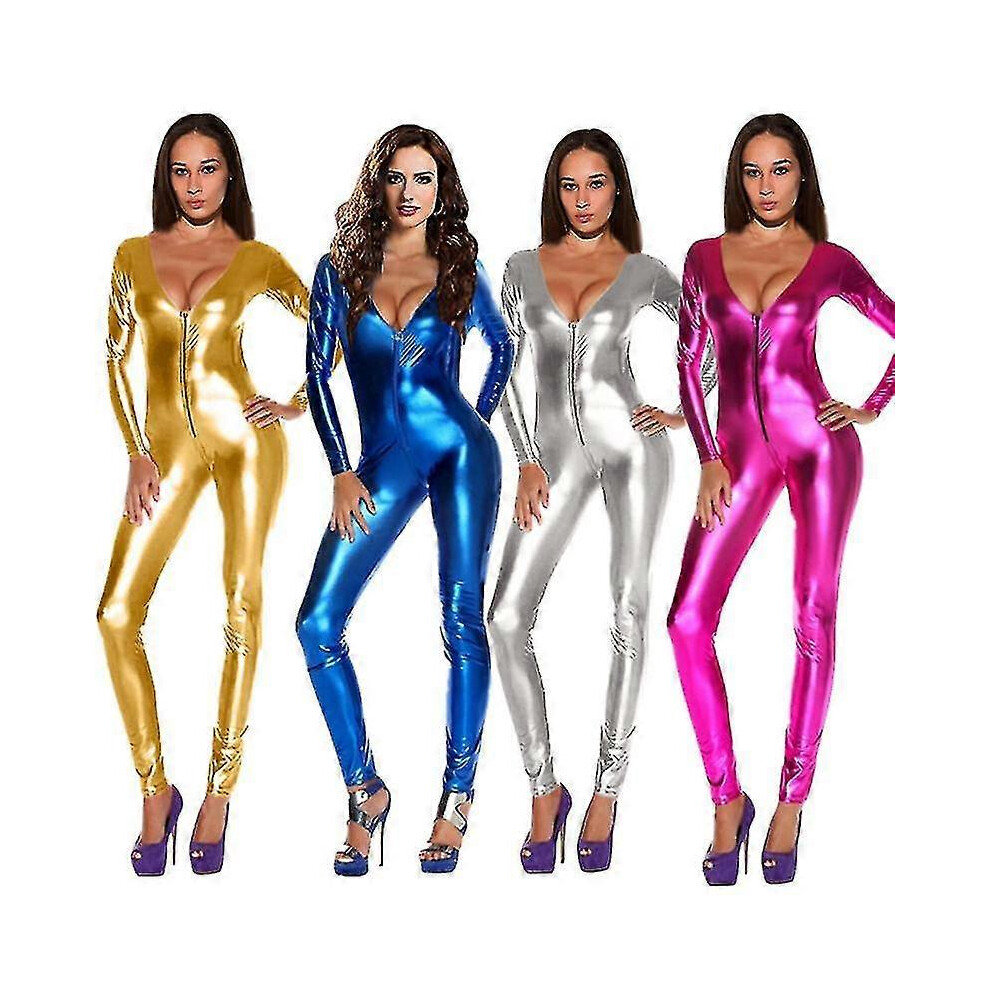 (gold) Women's Pu Imitation Leather Bronzing Jumpsuit Jumpsuit Performance Costume Stage Costume V-neck Low-cut-image-OPC-PFSSZRX-NEW