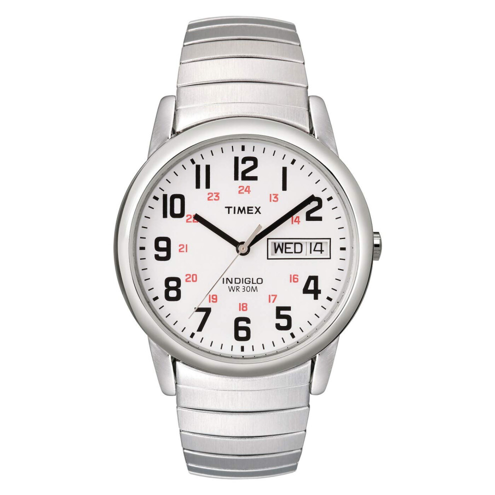 Timex Men's Easy Reader 35mm Day-Date Watch - Silver-Tone Case White Dial with Silver-Tone Expansion Band