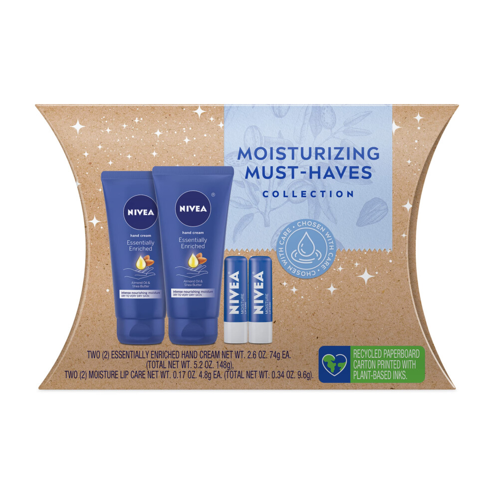 NIVEA Moisturizing Must-Haves Skin Care Set  Essentially Enriched Hand Cream with Almond Oil and Shea Butter  2.6 Oz Tube (Pack of 2) + Moisture Lip C