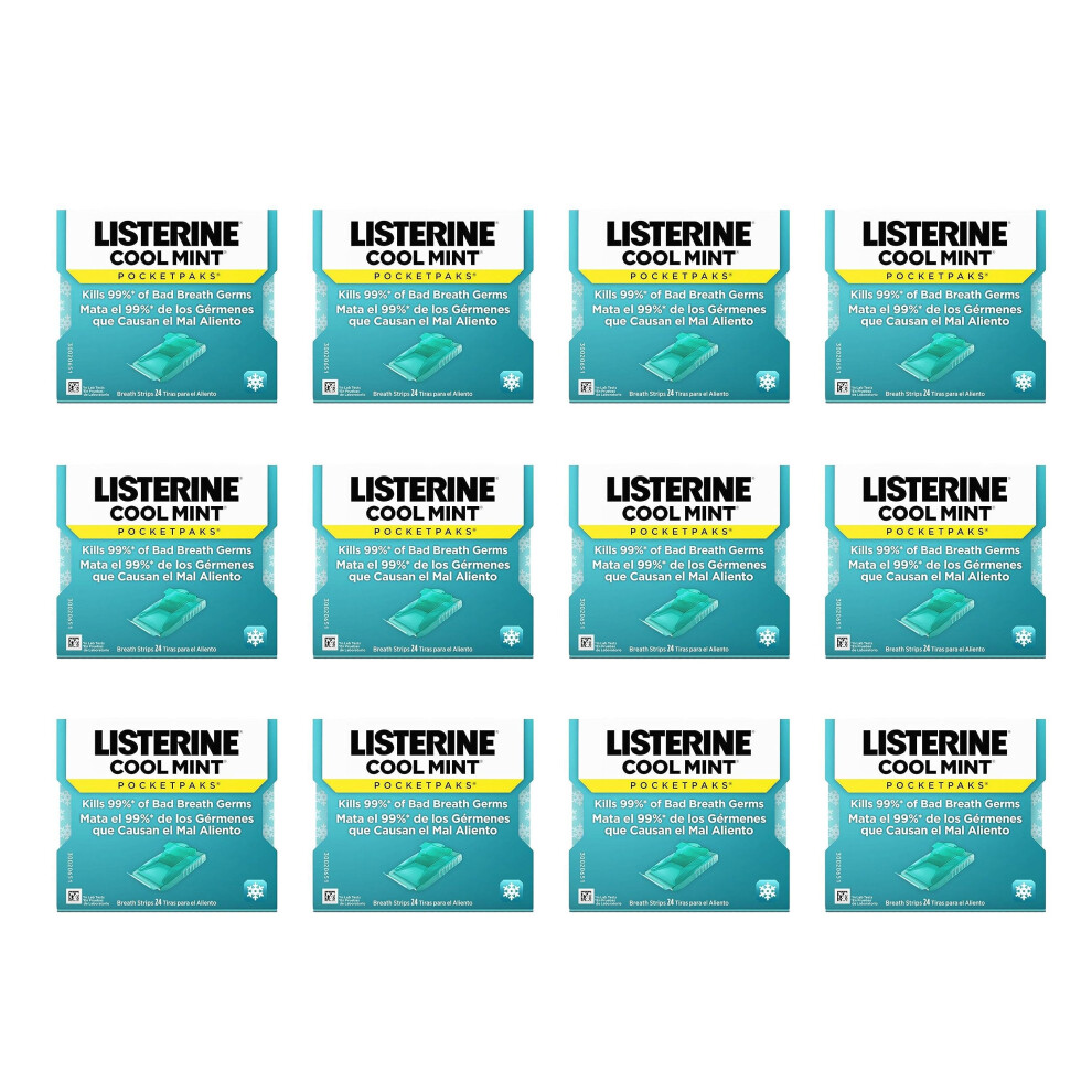 Listerine Cool Mint Pocketpaks Breath Strips Kills Bad Breath Germs 24-Strip Pack (12 Pack)