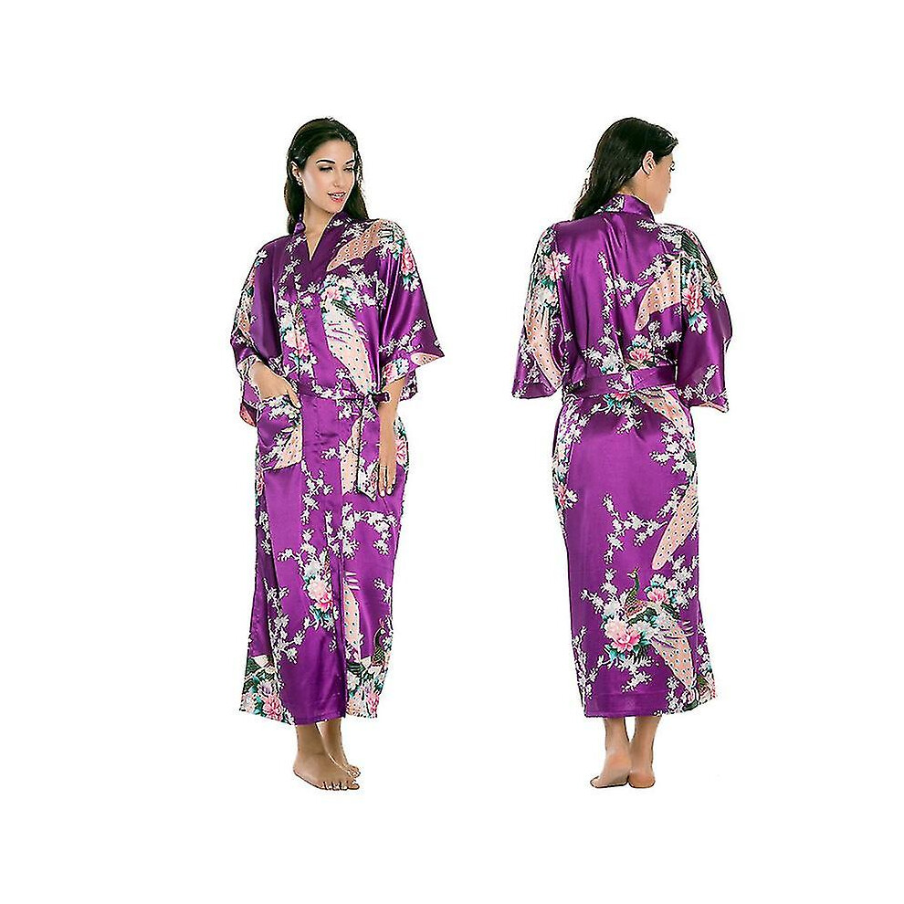 (, M) Women Luxury Soft Silk Satin Kimono Robe Gown Long Bathrobe Nightwear Sleepwear Purple