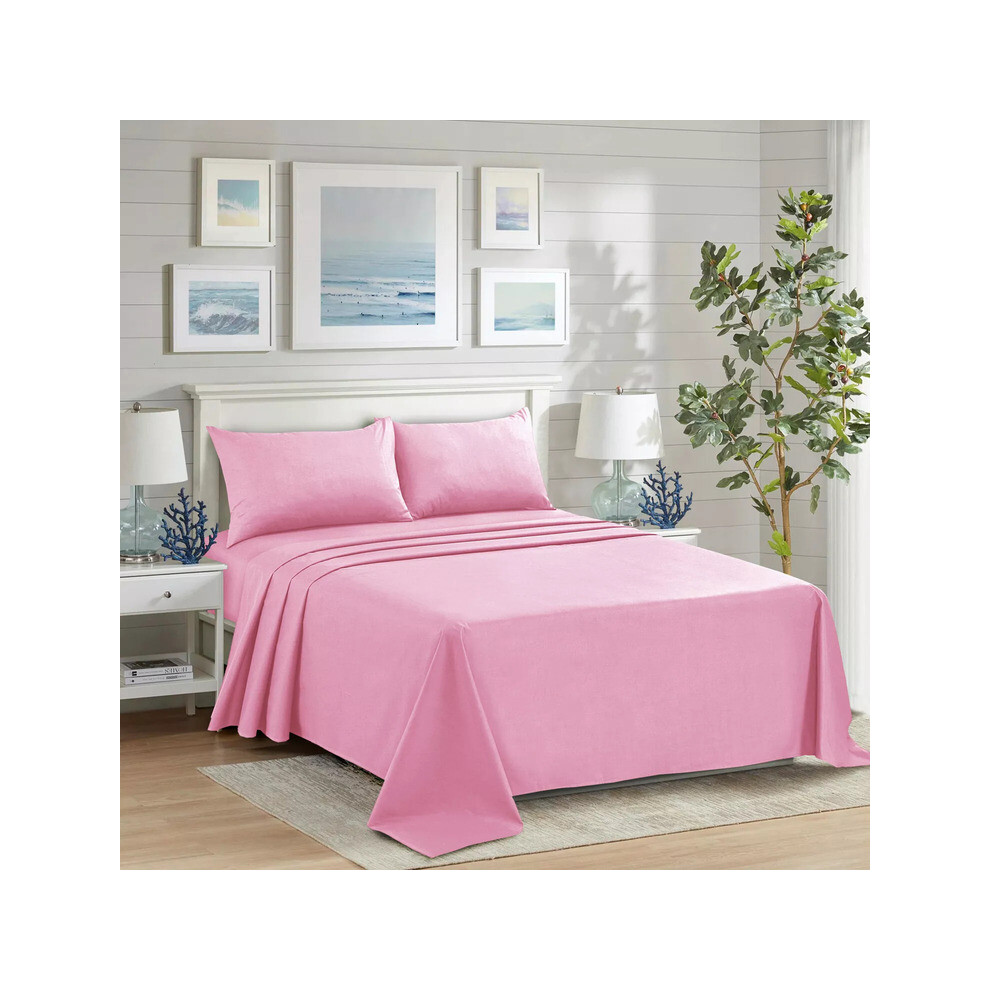 (BABY PINK, Double) Luxury Polycotton Dyed Plain Flat Sheet Single Double King Pillow Case
