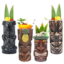 Tiki Mugs Cocktail Ensemble de 4 - Grands gobelers Cramique Hawaiian Luau Party Mugs Drinkware mignon Lunes de cocktails exotiques