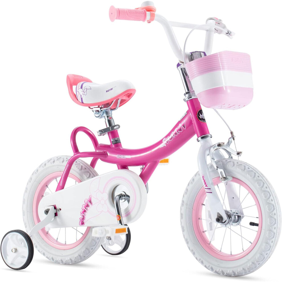 RoyalBaby Princess Girl Children's Bicycle Outdoor Ride-On Bike with Training Wheels  Adjustable Seat  and Basket  12 Inch  Bunny/Fuchia