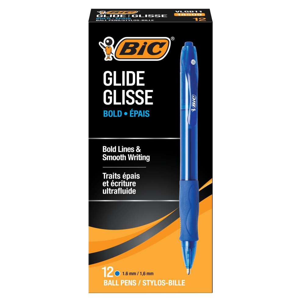 BIC Glide Bold Blue Ballpoint Pens  Bold Point (1.6mm)  12-Count Pack  Retractable Ballpoint Pens With Comfortable Full Grip