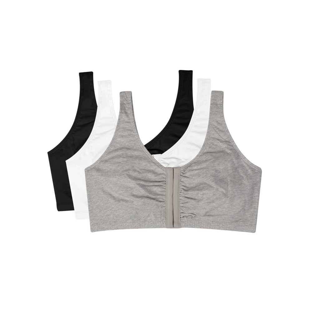 Fruit of the Loom womens Front Closure Cotton Sports Bra  Black/White/Heather Grey 3-pack  36 US