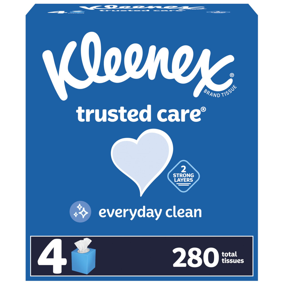 Kleenex Trusted Care Facial Tissues  4 Cube Boxes  70 Tissues per Box  2-Ply (280 Total Tissues)  Packaging May Vary