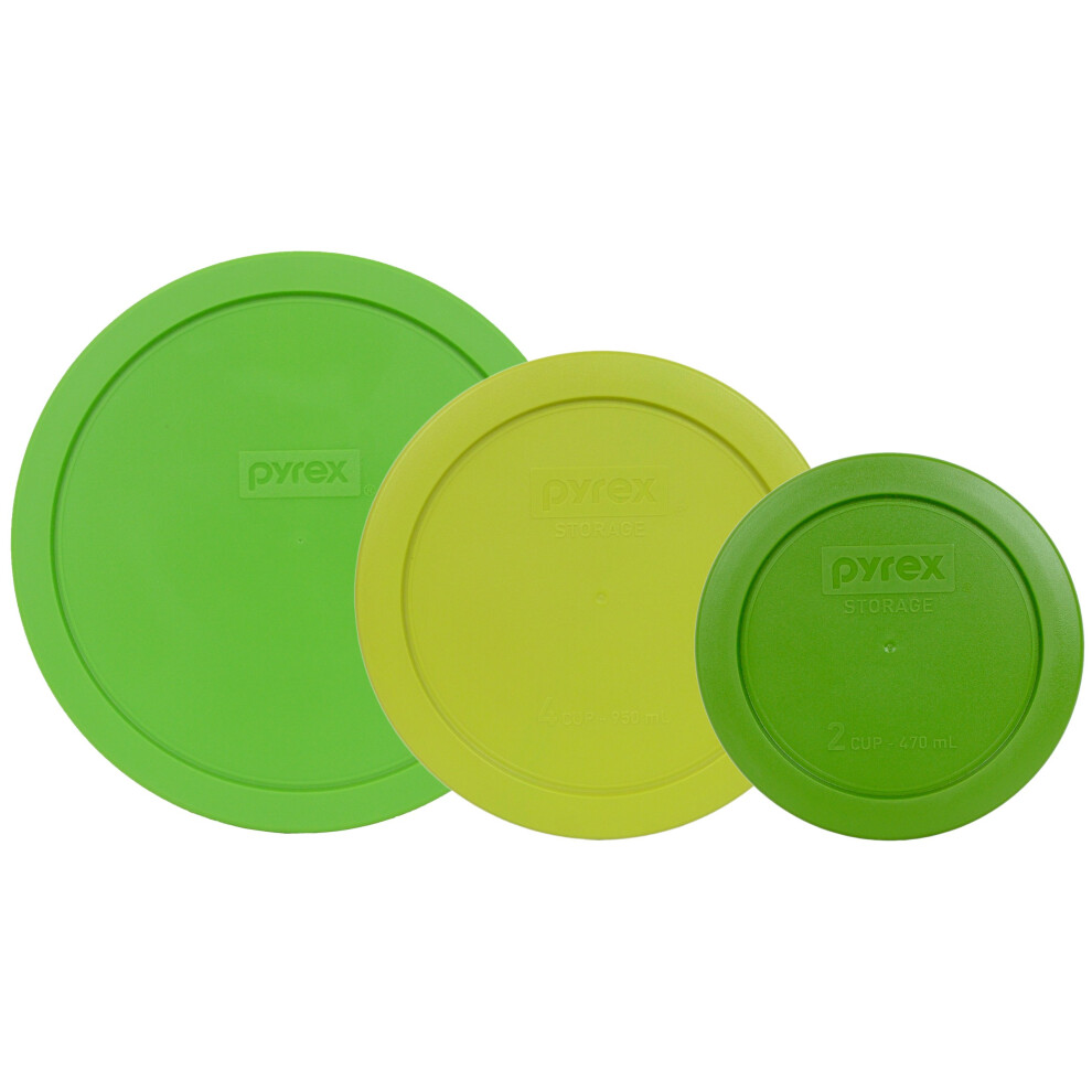 Pyrex (1) 7402-PC Green  (1) 7200-PC Lawn Green  & (1) 7201-PC Edamame Green Plastic Storage Lid  Made in USA