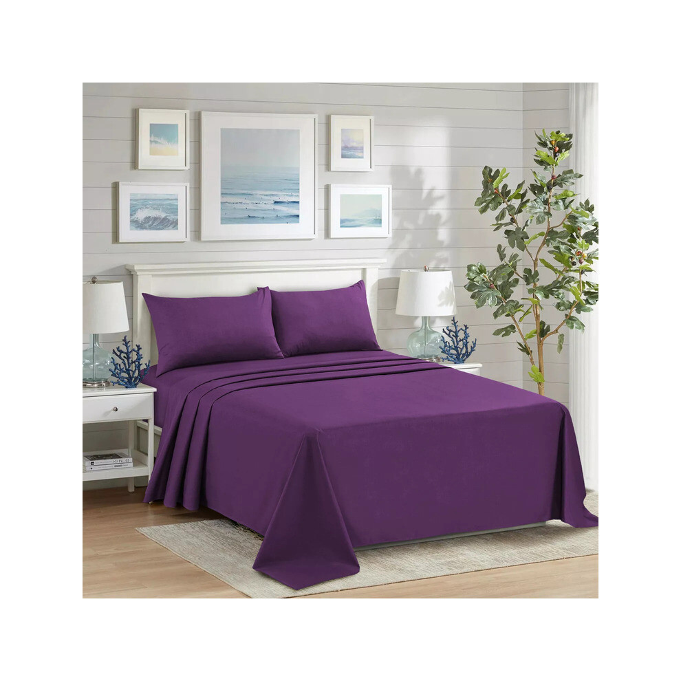 (PLUM, Double) Luxury Polycotton Dyed Plain Flat Sheet Single Double King Pillow Case-image-OPC-PFSST7R-NEW