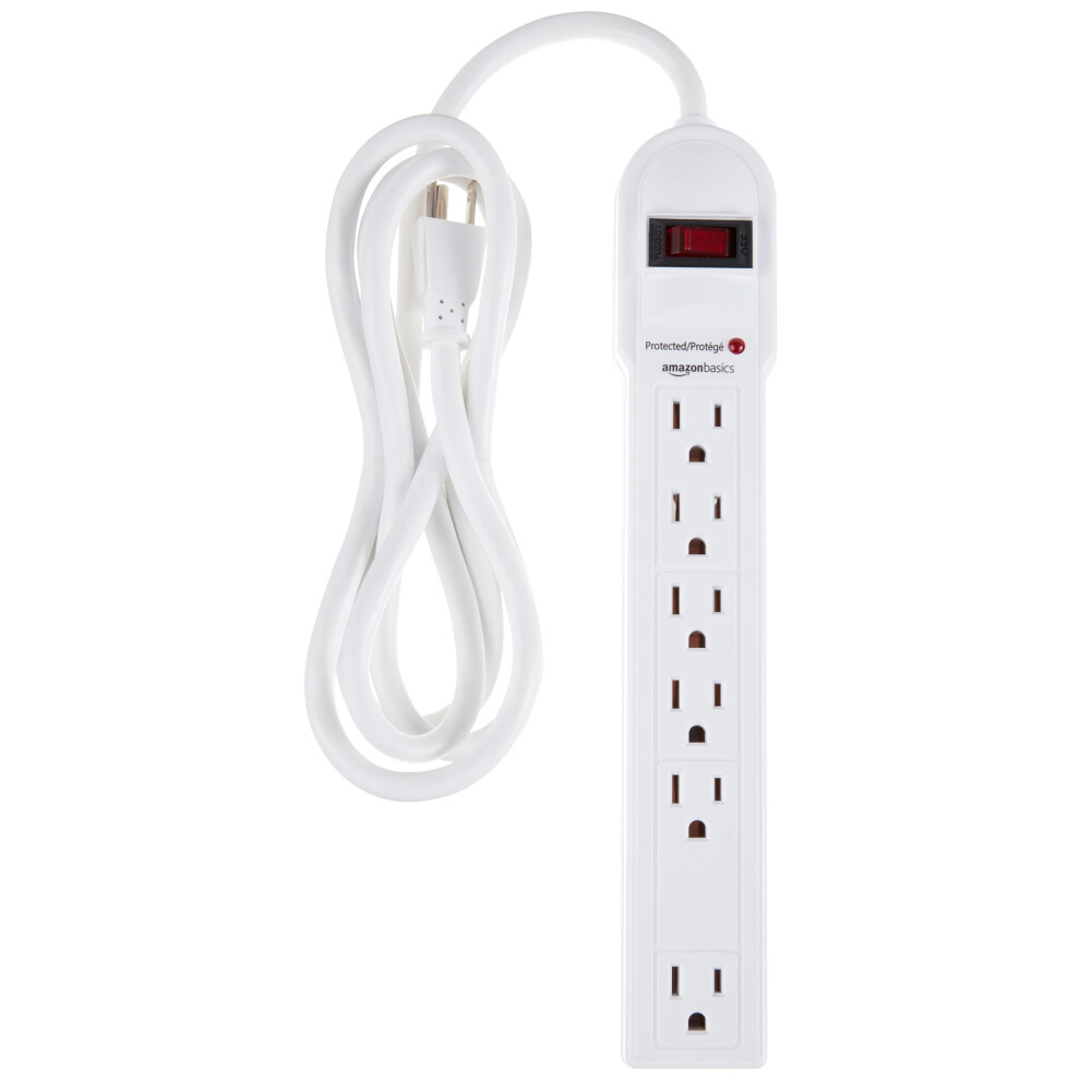 Amazon Basics Rectangular 6-Outlet Surge Protector Power Strip  6-Foot Long Cord  790 Joule - White