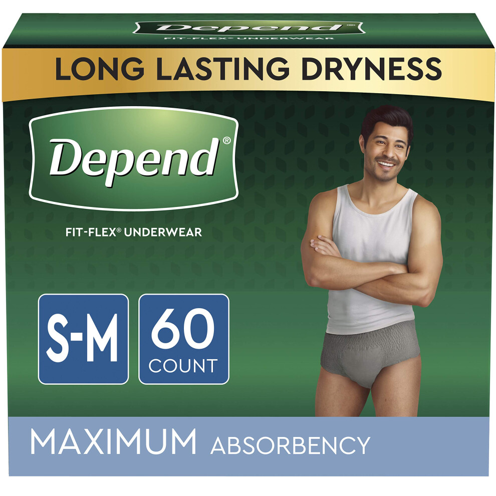 Depend Grey Fit-Flex Incontinence Underwear For Men Maximum Absorbency Disposable Small/Medium 60 Count (2 Packs Of 30) (Packaging May Vary)