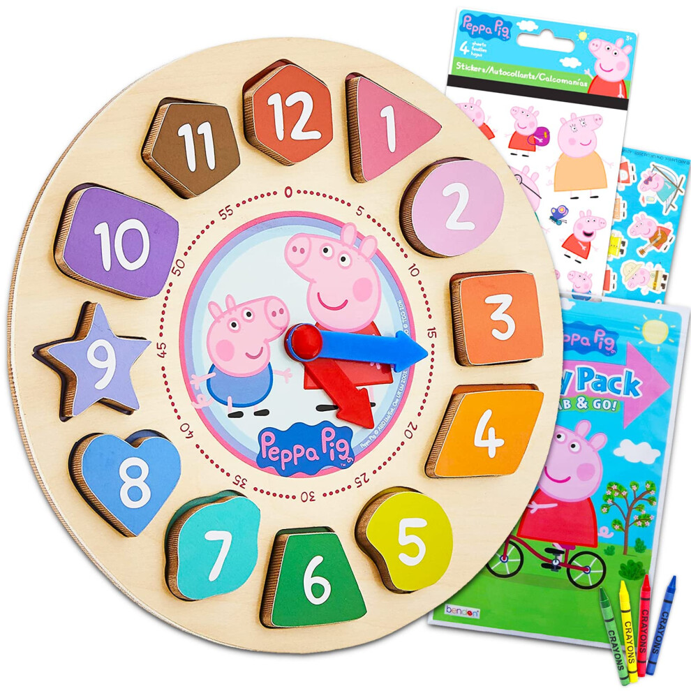 Peppa Pig Clock Puzzle Shape Sorting Game for Toddlers  Kids ~ 5 Pc Learning Toy Bundle with Peppa Wooden Clock  3 Flash Card Packs  and More (Peppa P