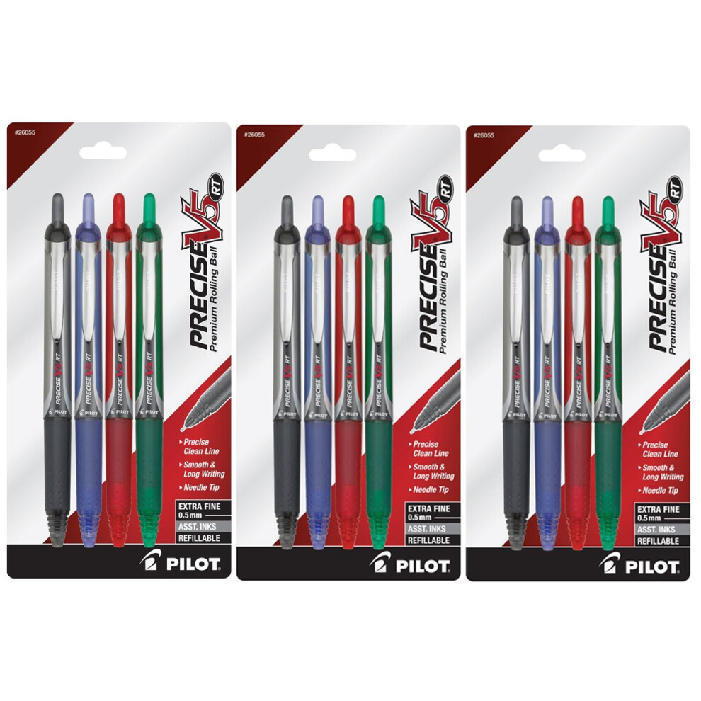 Pilot Precise V5 RT Retractable Fine Point Rolling Ball Pen  3 Each Black/Blue/Red/Green Ink  12-Pack