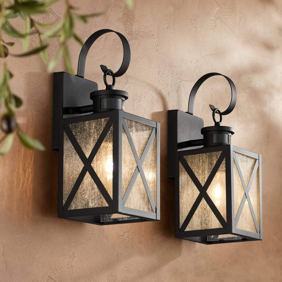 John Timberland Welling Vintage Outdoor Wall Light Fixtures Set of 2 Carriage Style Textured Black 14 1/2"" Clear Seedy Glass Dusk to Dawn Motion Sens