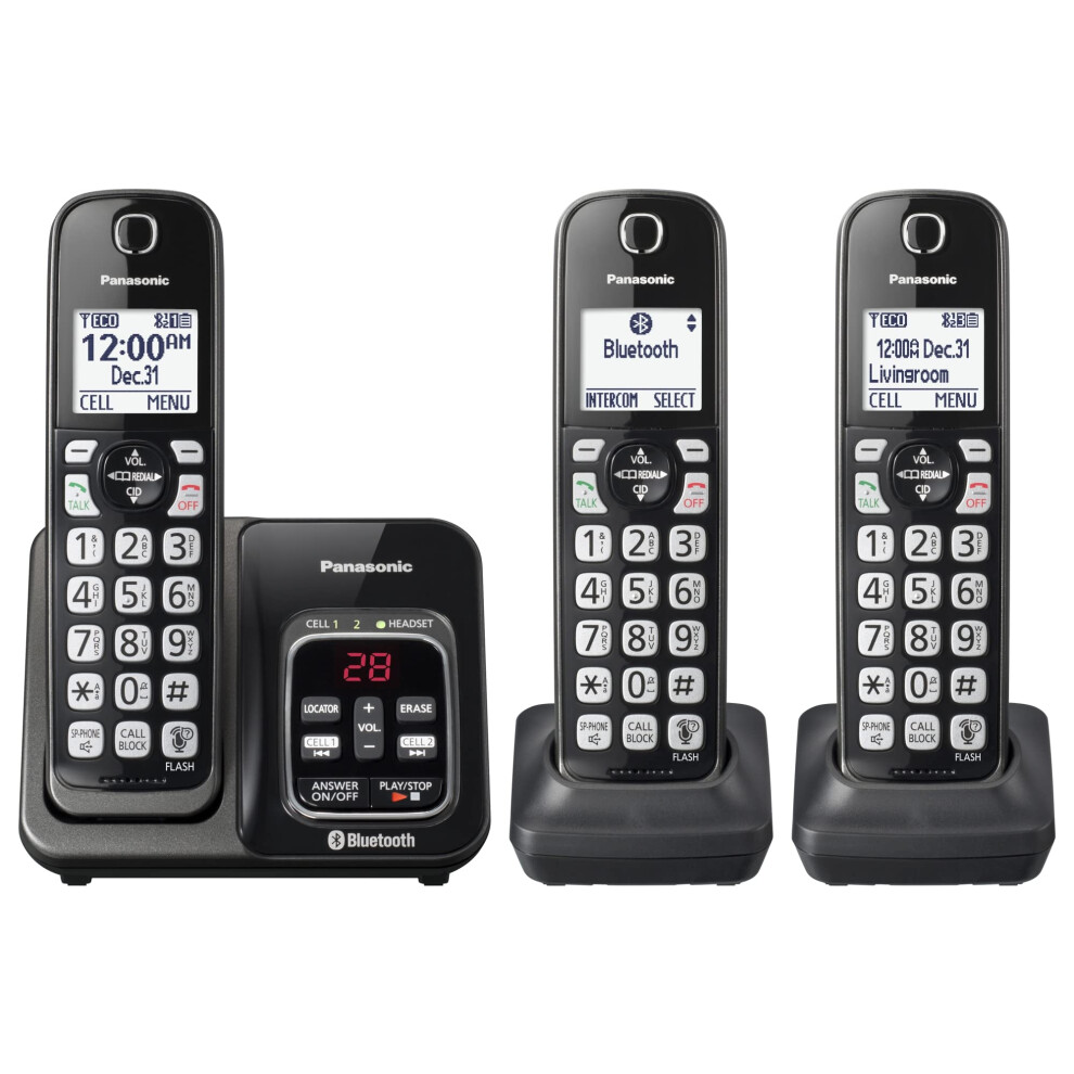 PANASONIC Expandable Cordless Phone System with Link2Cell Bluetooth  Voice Assistant  Answering Machine and Call Blocking - 3 Cordless Handsets - KX-T