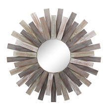 Stonebriar Large Round 32" Wooden Sunburst Wall Mirror with Attached Hanging Bracket, Decorative Rustic Decor for the Living Room, Bathroom, Bedroom,