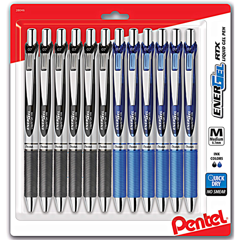 Pentel EnerGel RTX Retractable Liquid Gel Pen (Black and Blue  0.7mm Pack of 12)