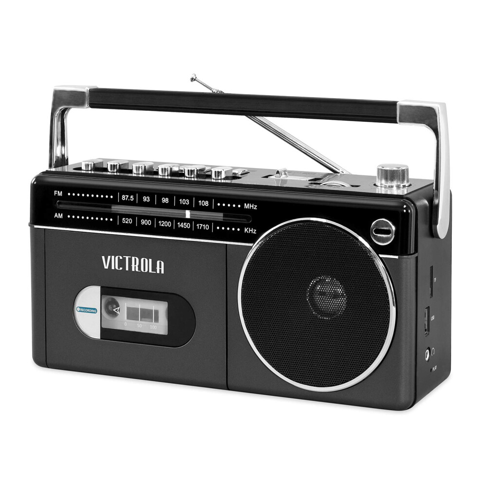 Victrola Mini Bluetooth Boombox with Cassette Player  Recorder and Am/FM Radio  Grey