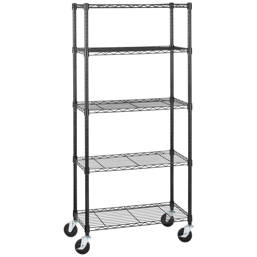 Amazon Basics 5-Shelf Adjustable  Heavy Duty Storage Shelving Unit on 4'' Wheel Casters  Metal Organizer Wire Rack  30"" L x 14"" W x 64.75"" H  Black