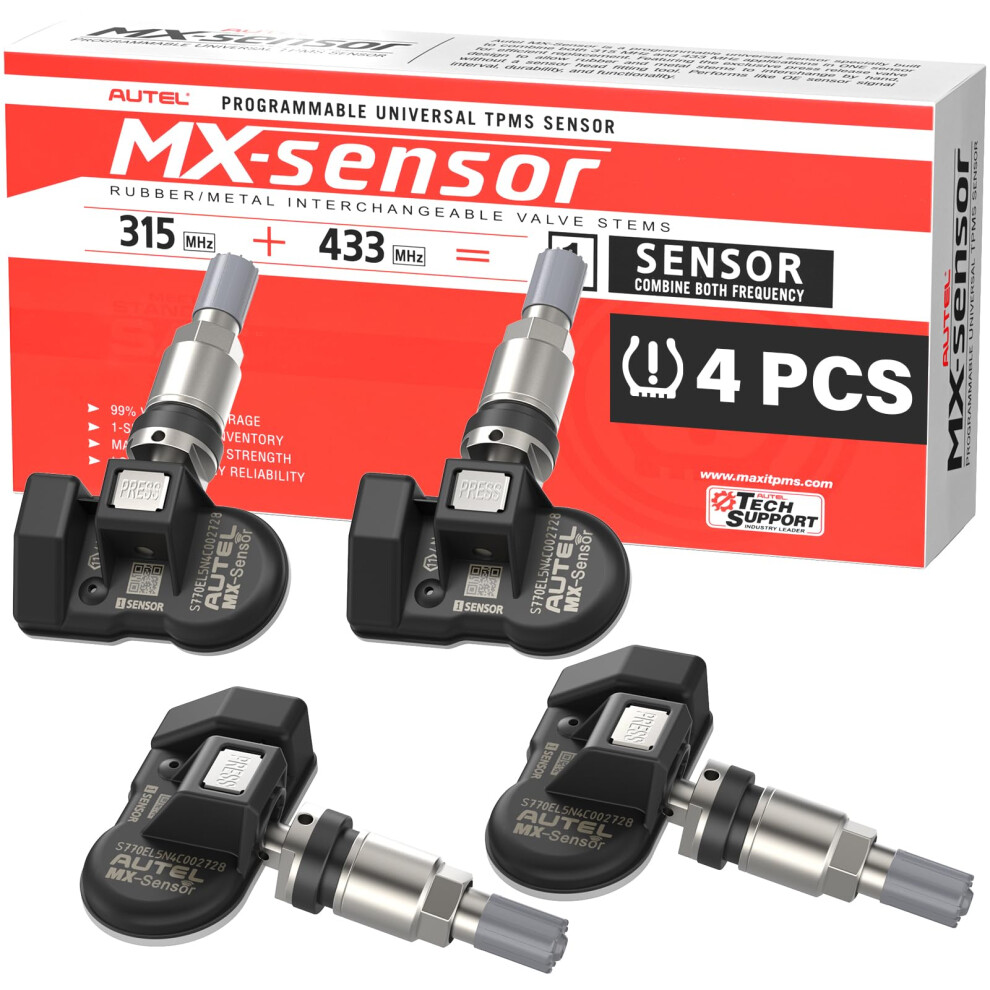 Autel TPMS Sensor Set of 4  2in 1MX-Sensor 315MHz + 433MHz Dual Frequency  100% Programmable Replace OEM Sensor  Work with Autel TPMS Tool TS408S TS50