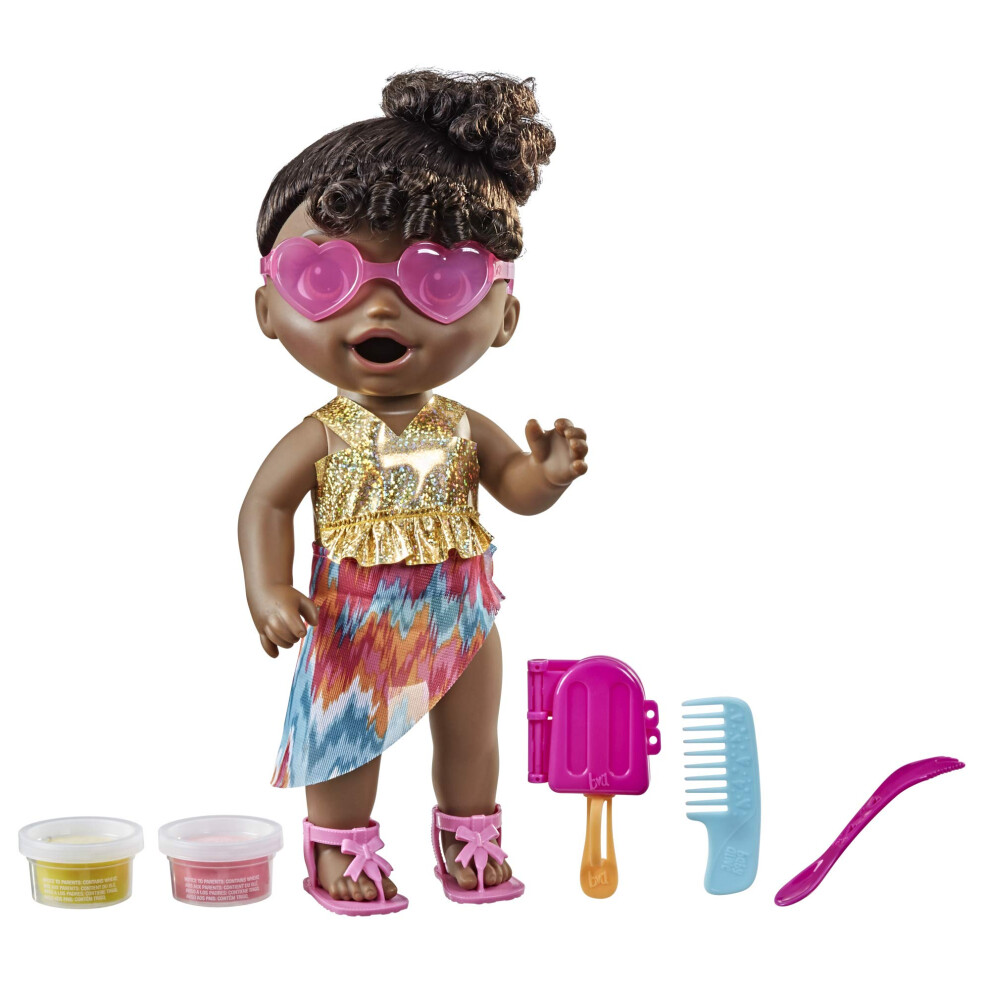 Baby Alive Sunshine Snacks Doll  Eats and Poops  Summer-Themed Waterplay Baby Doll  Ice Pop Mold  Toy for Kids Ages 3 and Up  Black Hair