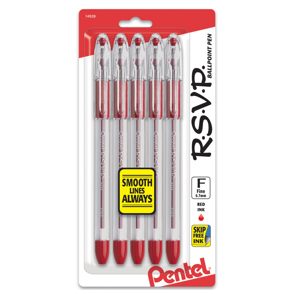 Pentel RSVP Ballpoint Pen  Fine Line  (0.7mm)  Red Ink  Pack of 5 (BK90BP5B)