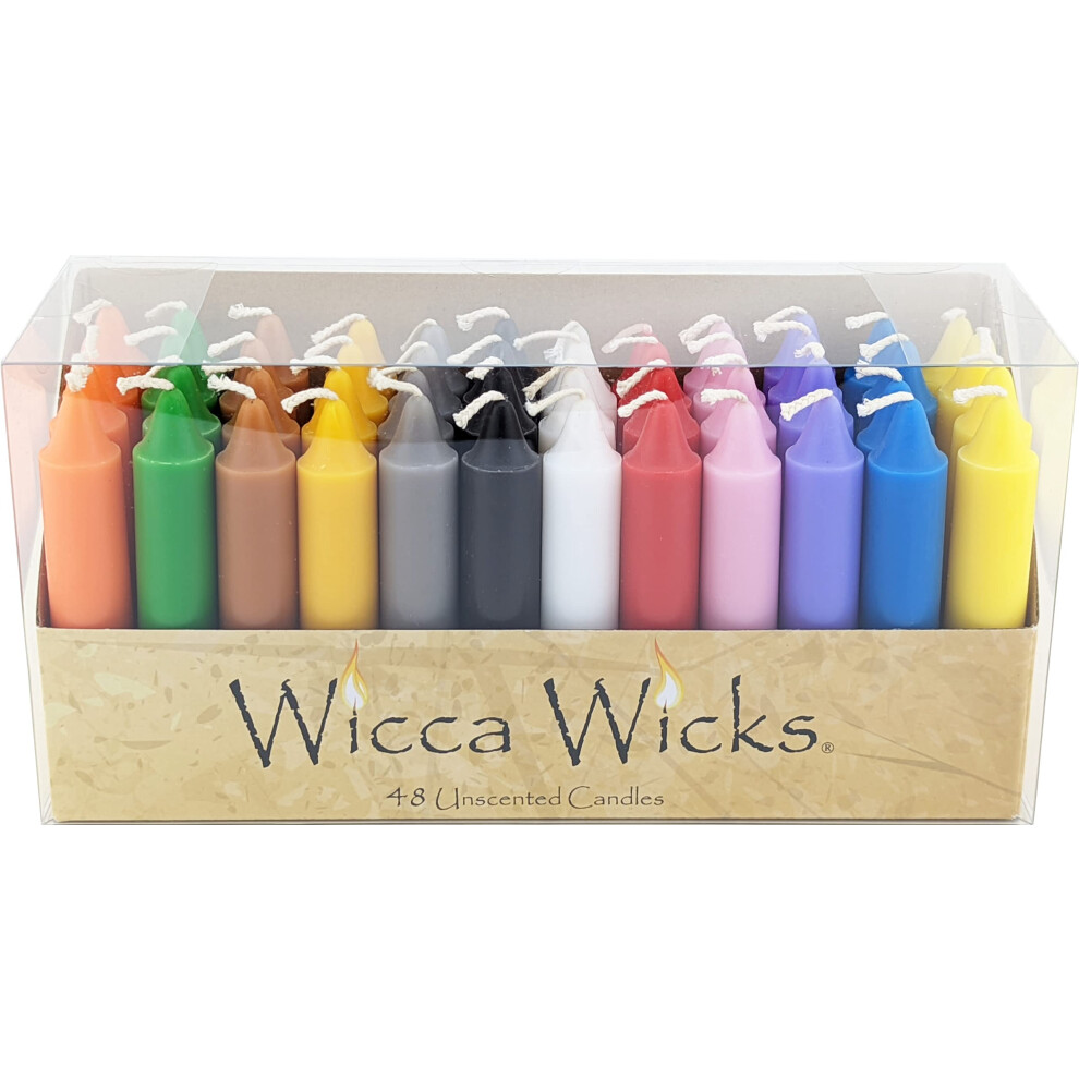 Wicca Wicks - Box of 48 Colored Candles | 4 inches Tall & 3/4 inch Diameter | Witchcraft Supplies for Your Personal Wiccan Altar  Spells  Charms & Int