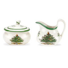 Spode Weihnachtsbaum Zucker- und Sahneset - 16oz Zuckergefäß mit Deckel & 8oz Sahnekanne - Feine Keramik