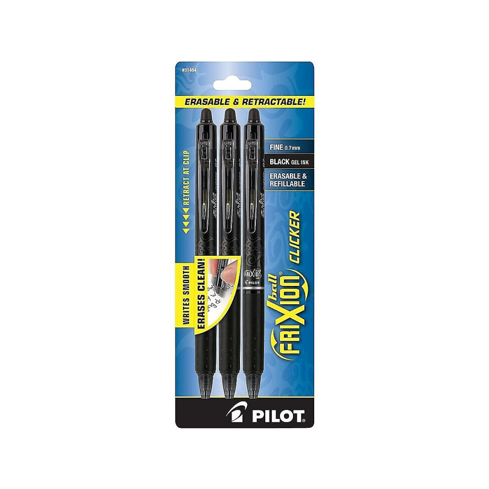 PILOT FriXion Clicker Erasable  Refillable & Retractable Gel Ink Pens  Fine Point  Black Ink  3-Pack (31464)