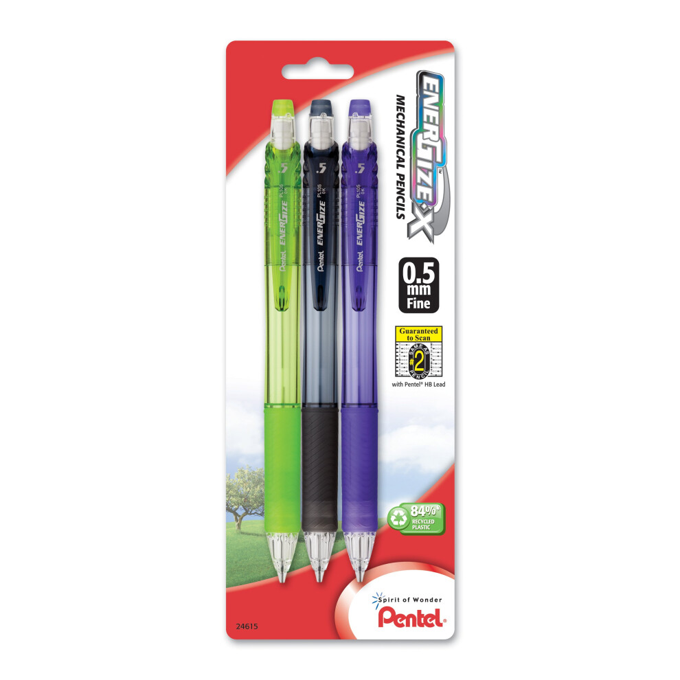 Pentel EnerGize-X Mechanical Pencil  0.5mm  Assorted Barrel Colors  Pack of 3 (PL105BP3M) black