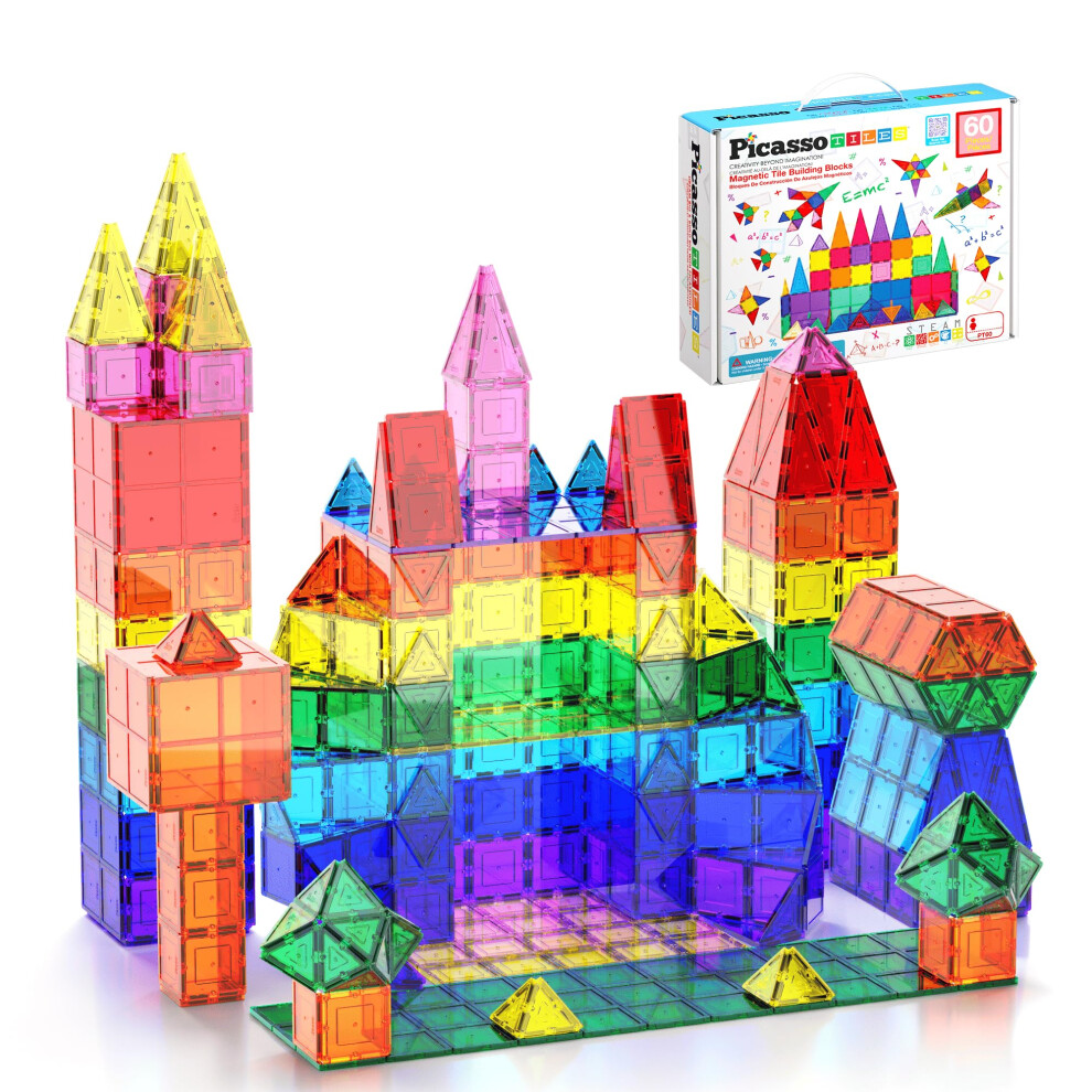 Picassotiles Magnetic Tiles 60Pcs Kids Toys Classroom Sensory Toy For Toddlers Stem Learning Building Blocks Montessori Pretend Play Magnet Tile Cons