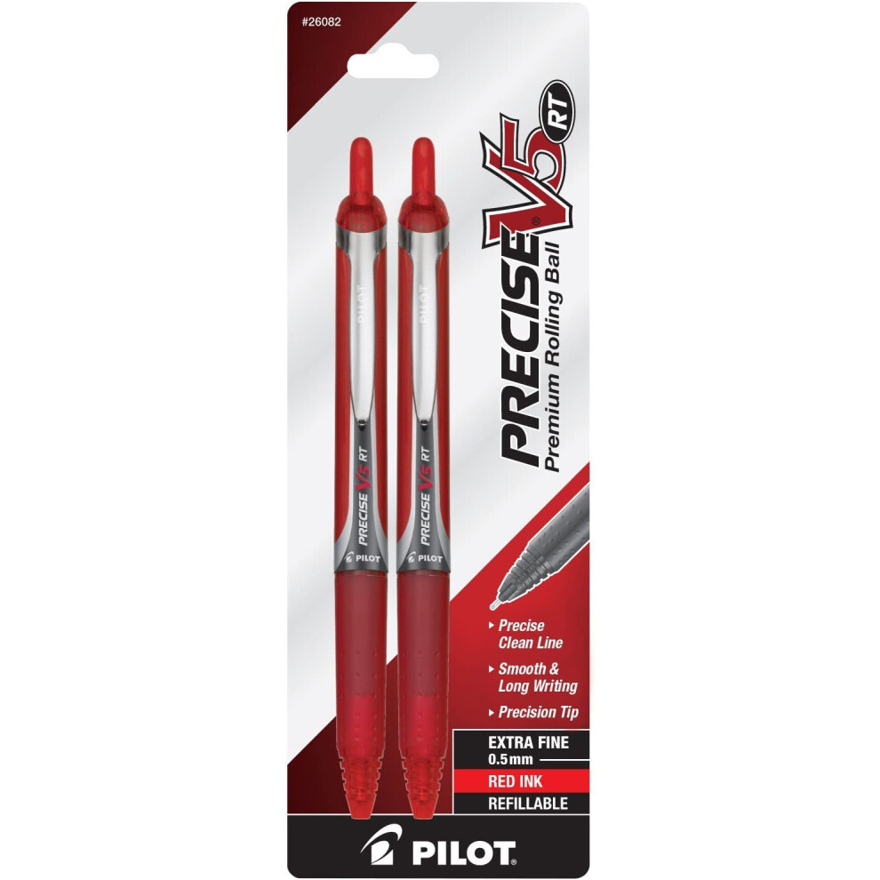 PILOT Precise V5 RT Refillable & Retractable Liquid Ink Rolling Ball Pens  Extra Fine Point (0.5mm) Red Ink  2-Pack (26082)