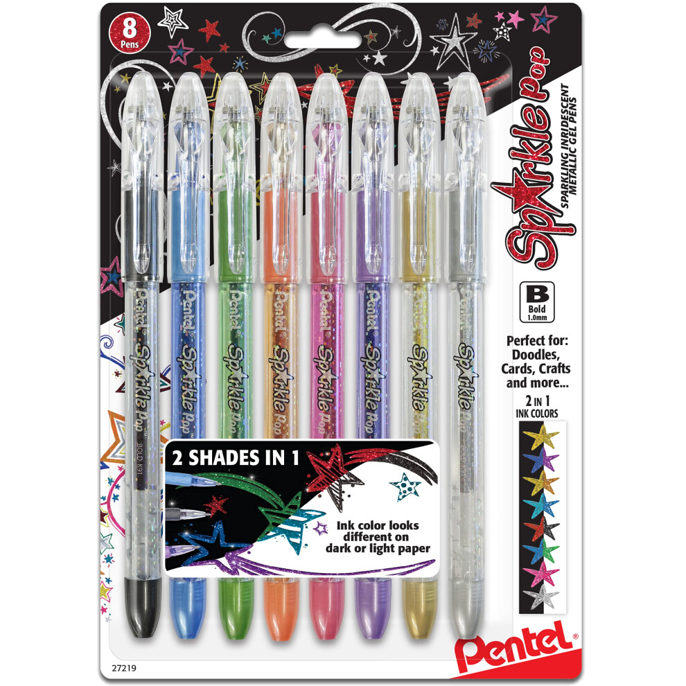 Pentel Sparkle Pop Metallic Gel Pen  (1.0mm) Bold Line  Assorted Colors  Pack of 8 (K91BP8M)