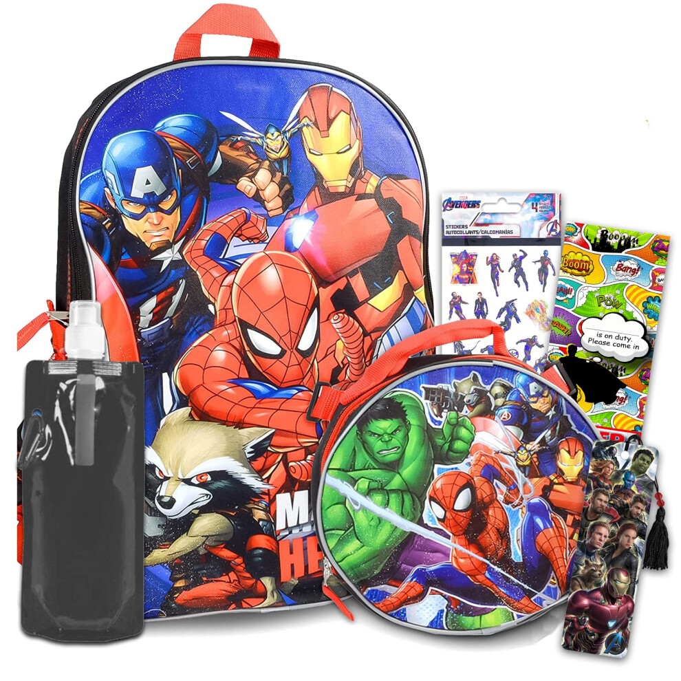 Avengers Backpack with Lunch Box Set - Bundle with 16"" Marvel Bag  Lunch Bag  Water Pouch  Stickers  More | Spiderman Superhero School Supplies