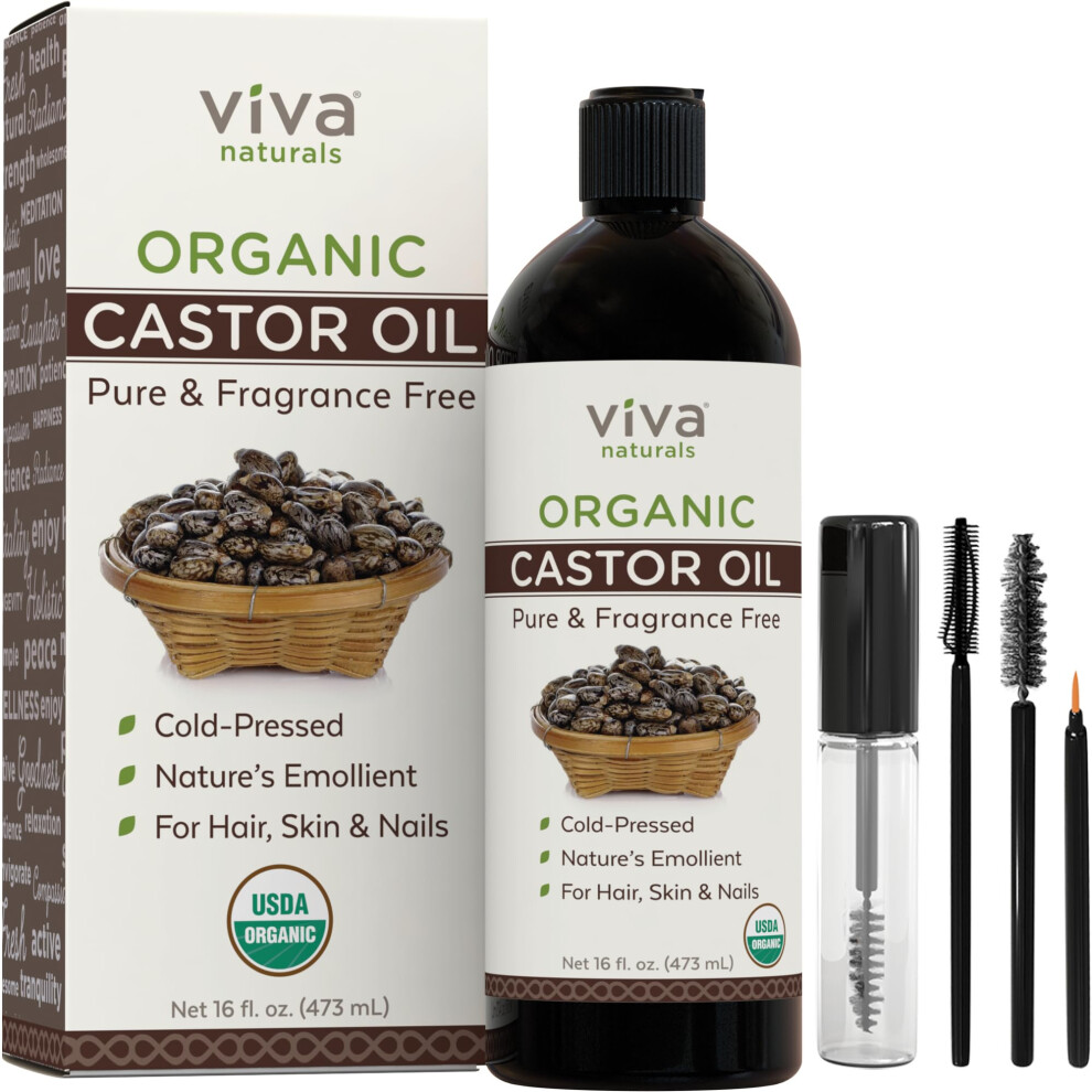 Viva Naturals Cold Pressed Organic Castor Oil 16 Fl Oz - Castor Oil For Face Castor Oil For Eyelashes Traditional Eyebrow Growth Serum Castor Oil F