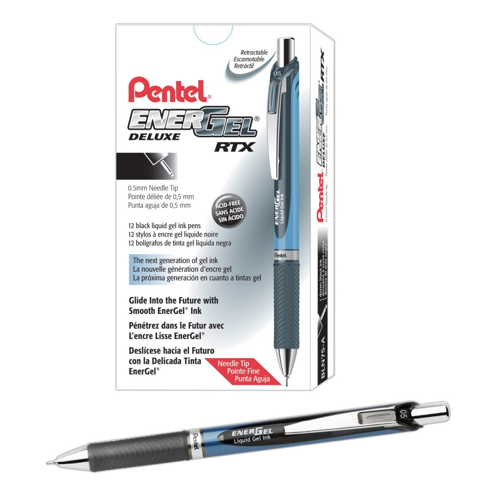 Pentel EnerGel Deluxe RTX Retractable Liquid Gel Pens  Fine Point  0.5 mm  54% Recycled  Blue Barrel  Black Ink  Pack Of 12 Pens