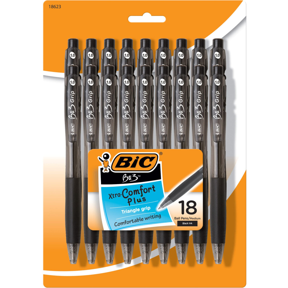 BIC BU3 Grip Retractable Ballpoint Pen  Medium Point (1.0mm)  Black  Side Click Retraction For Added Convenience  18-Count