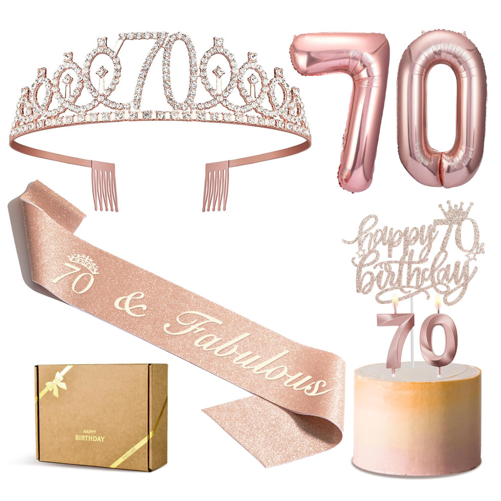 PHD CAKE 70th Birthday Decorations Women  Including 70th Birthday Crown/Tiara  Sash  Birthday Candles  70 Number Balloon  Happy 70th Birthday Decorati