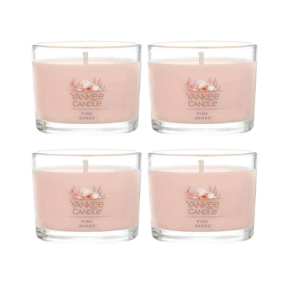 Yankee Candle Signature Votive Mini Candle Jar  Pink Sands Scent  Natural Soy Wax Blend Candle with Natural Fiber Wick  1.3 OZ Glass Jar (Pack of 4)