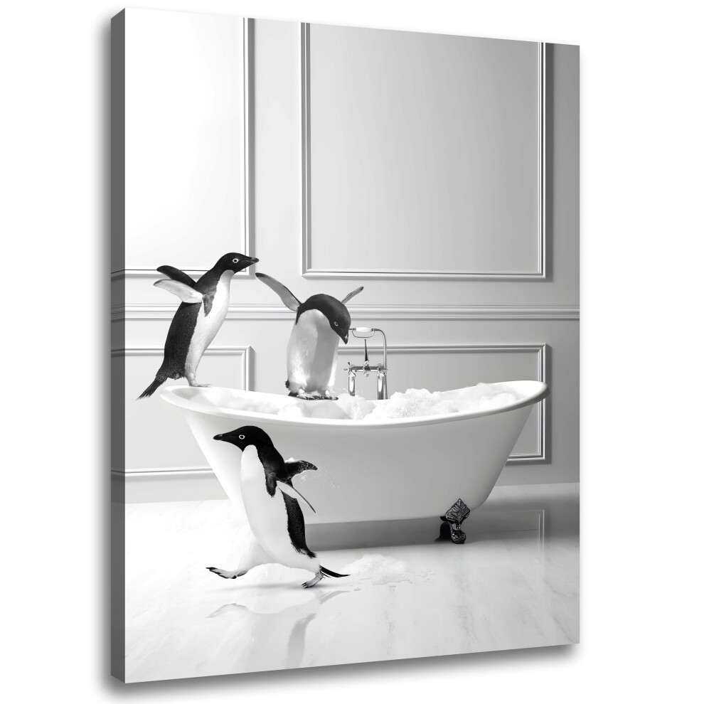 Funny Bathroom Wall Art Decor  Modern Wrapped Canvas Prints  Black and White Canvas Wall Art Pictures  Cute Penguin Bathing Wall Decor  Humor Farmhous