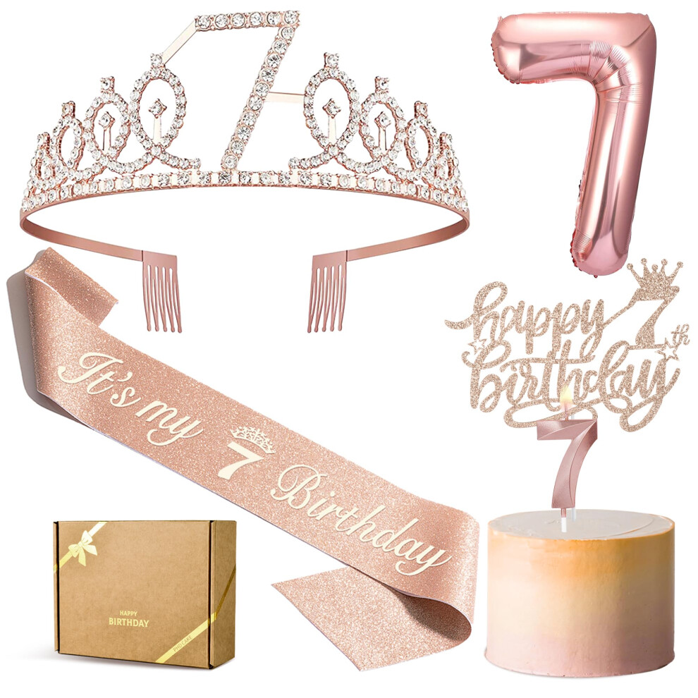 PHD CAKE 7th Birthday Decorations for Girls  Including 7th Birthday Crown/Tiara  Sash  Birthday Candles  7 Number Balloon