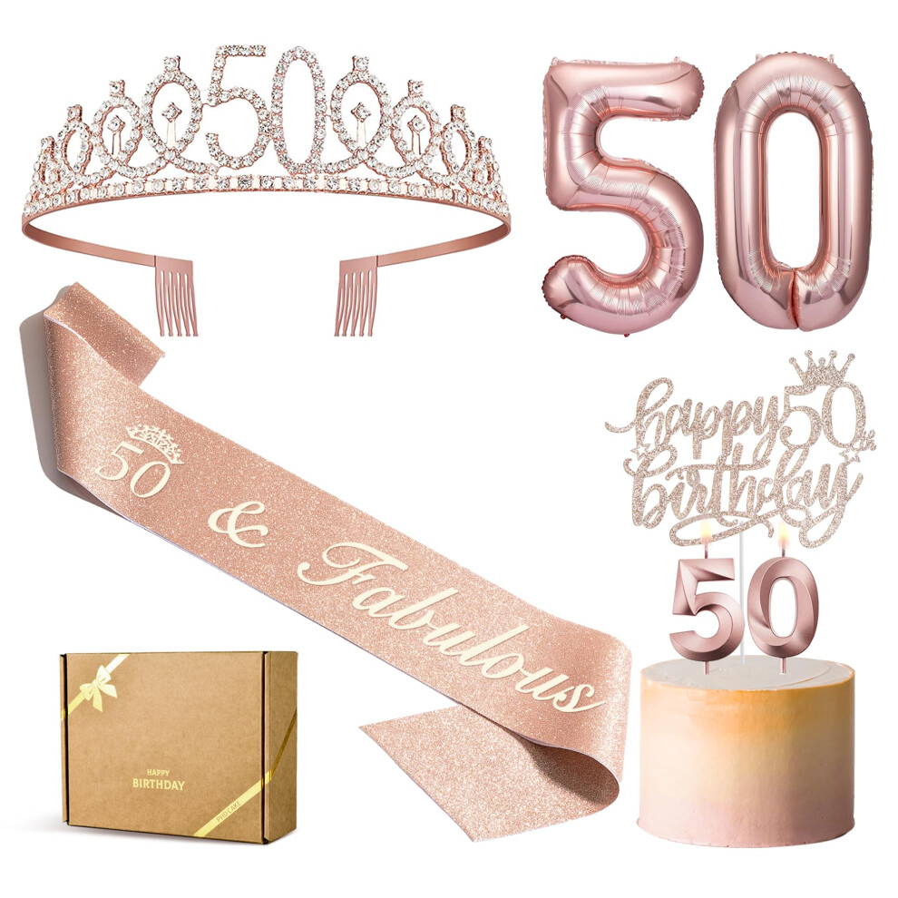 PHD CAKE 50th Birthday Gifts for Women  Including 50th Birthday Crown/Tiara  Sash  Cake Topper  50 Number Balloon and Birthday Candles  50th Birthday