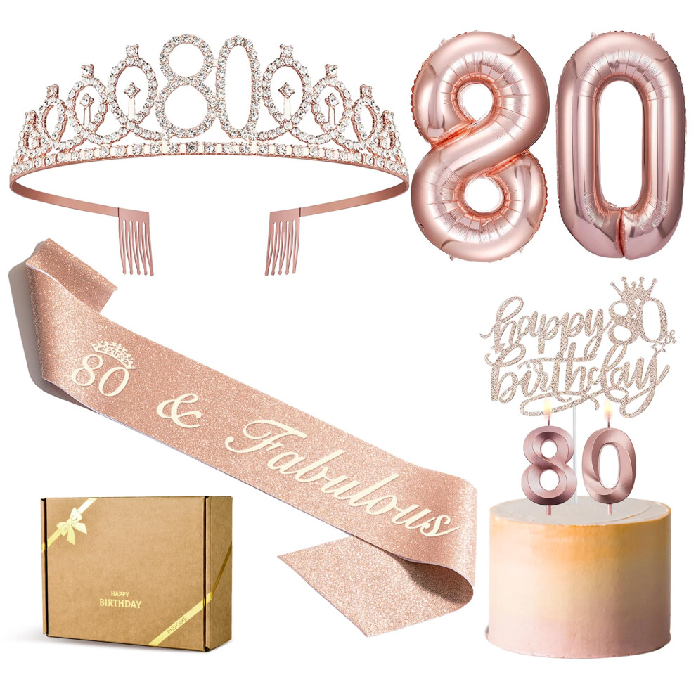 PHD CAKE 80th Birthday Decorations for Women  Including 80th Birthday Crown/Tiara  Sash  Birthday Candles  80 Number Balloon