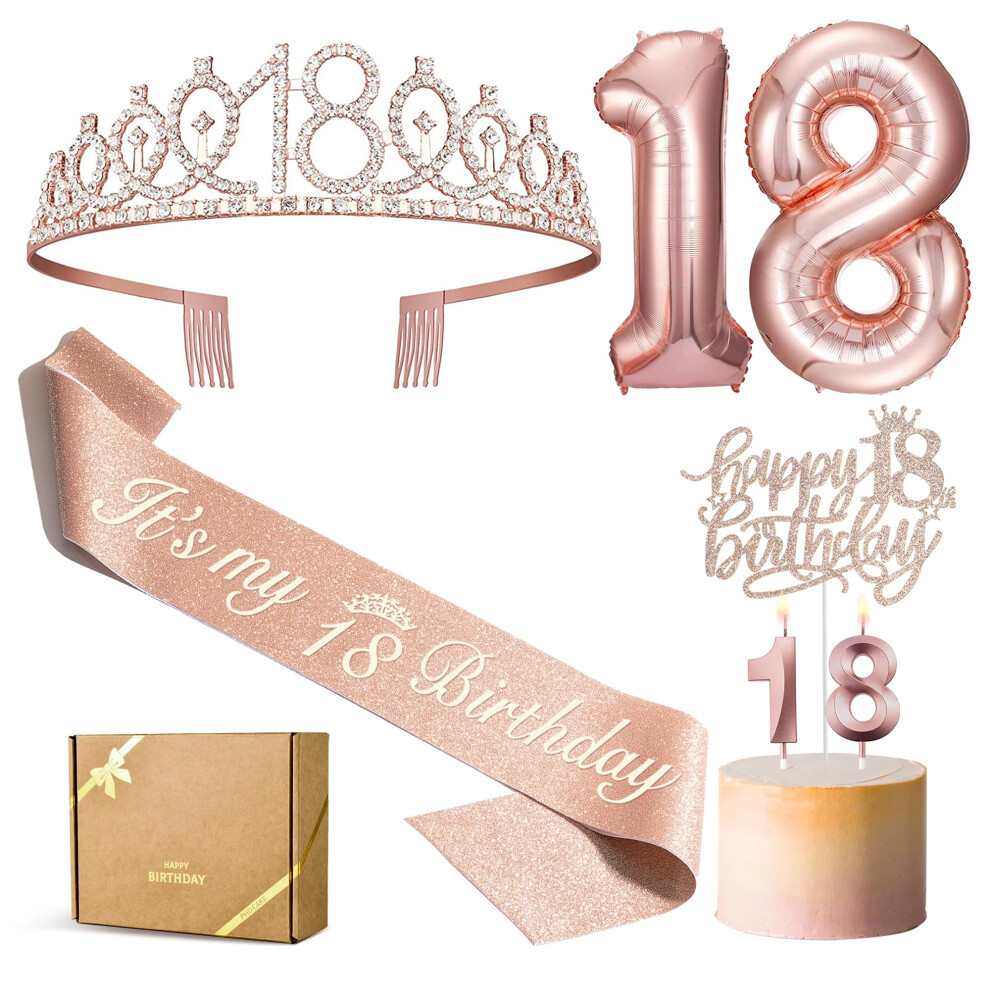 PHD CAKE 18th Birthday Decorations for Girls  Including 18th Birthday Sash  Crown/Tiara  Birthday Candles  18 Number Balloon 18th Birthday Gifts for G